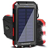 Solar Charger, Durecopow 20000mAh Portable Outdoor Waterproof Solar Power Bank, Camping External Backup Battery Pack Dual 5V USB Ports Output, 2 Led Light Flashlight with Compass (Red)