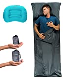 Aspect Outdoor Sleeping Bag Liner & Inflatable Pillow – Lightweight Breathable Sleeping Sack - Compact Travel Sheet for Adults & Ultralight Pillow for Comfortable Camping & Hotel Travel (Grey, Teal)