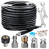 Sewer Jetter Kit 100FT for Pressure Washer, 5800PSI Drain Cleaner Hose 1/4 Inch NPT, Corner, Rotating and Button Nose Sewer Jetting Nozzle Spanner Waterproof Tape Pearl Corsage Pin