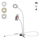 Tranesca Selfie Ring Light with Cell Phone Holder Stand for Live Stream/Makeup, LED Camera Lighting [3-Light Mode] with Flexible Arms Compatible with All iPhone Models and Android Phones (White)