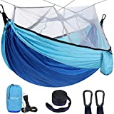 Double Camping Hammock Travel Outdoor: Hammock with Netting Mosquito- Larger Space Portable Hammock with 2 Tree Straps & 2 Sand Stakes for Camping, Backpacking, Survival, Beach, Yard, Light Blue