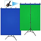 HEMMOTOP Green Screen Backdrop with Stand Kit 5x6.5ft for Zoom, 2-in-1 Reversible Blue Screen and Green Screen with Portable T-Shaped Background Support Stand, 5 x Backdrop Clip