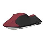 JETPRO Trailerable Jet Ski Cover, Waterproof Marine Grade 600D Heavy Duty Polyester PWC Cover Burgundy/Black Fits from 126'-135' 3 Seater
