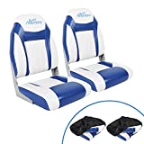 Affordura Boat Seat for Boats with 2 Storage Bags High Back Folding Boat Seat Boat Fold Down Seat (2 Packs), Blue and White