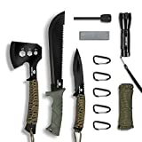 Mossy Oak Axe and Fixed Blade Knife with Sheath, One-Piece Camping Hatchet and Hunting Knife with Rope Handle, Includes Zoomable Flashlight and Many Other Tools, 12 Pieces Camping Tool Set