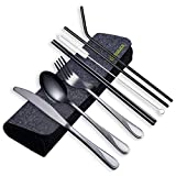 HOMQUEN Portable Utensils,Travel Camping Flatware Set,Stainless Steel Silverware Set,Include Knive/Fork/Spoon/Chopsticks/Straws/Brush/Portable Case(Black-8 Piece)