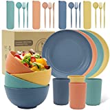 Wheat Straw Dinnerware Sets, PYRMONT Microwave Safe Dinnerware & Unbreakable Plates Sets-(28 PCS), Reusable Dishware Sets, Lightweight Camping Dishes, Plates, Cups and Bowls Sets for 4