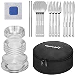 Camping Mess Kit, 28 Pcs Camping Accressories, Stainless Steel Camping Dishes Set Dinnerware for 4 Person Utensils Tableware with Plates, Bowl, Cutlery, Gloves, Rag, for Hiking Gear Picnic (Black)