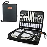 Camping Silverware Set with Case, 23 Pcs Camping Mess Kit with Stainless Steel Plates, Picnic Set for 4, Travel Silverware Set, Camping Utensils for Eating, Portable Cutlery Set (4 People, Black)