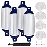 VEITHI Boat Fenders 4Pack, Ribbed Twin Eyes Vinyl Boat Fender, Boat Bumpers for Docking, Come with Ropes, Needles and Pump to Inflate (6.5x23inch)- White