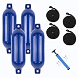 VINGLI 4-Pack Ribbed Boat Fender, 6.5 x 23 inch, with Ropes & Inflator, for 20-30 ft. Boat, Small Sailboat, Ski Boat etc.… (Cobalt Blue, 6.5 x 23 in.)