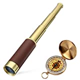 Retro Pirate Telescope Zoomable 25x30 Spyglass Portable Collapsible Handheld Telescope Vintage Monocular for Kids & Survival Gear Compass Pocket Military Compass for Camping Boating