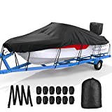 Mrrihand Trailerable Boat Cover Waterproof with Motor Cover, Heavy Duty UV Resistant Marine Grade Polyester, Fits V-Hull, TRI-Hull, Runabout Boat (Length: 17'-19‘, Beam Width: up to 96', Black)