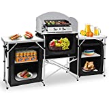 Seeutek Camping Kitchen Table Aluminum Portable Outdoor Cooking Table Foldable Camp Table with Windscreen and 3 Storage Cupboards Multifunctional for BBQ, Party, Picnics and Outdoor Activities Black