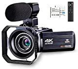 4k Video Camera Camcorder for YouTube Ultra HD 4K 48MP Vlogging Camera with Microphone & Remote Control WiFi Digital Camera 3.0' IPS Touch Screen IR Night Vision 2 Batteries