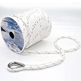 INNOCEDEAR Double Braided Nylon Anchor Rope(White Reflective , 3/8' x 100',1/2' 150') Anchor Line/ Boat Anchor Rope with Stainless Steel Thimble, Quality Marine Rope, Boat Accessories