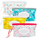 LESHANE Baby Wipe Dispenser, 4 Pack Portable Refillable Wipe Holder, Reusable Lightweight Wipes Container Case Holder for Travel Wet Wipe Pouch, Floral