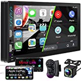 Double Din Car Stereo Compatible with Voice Control Apple Carplay &Android Auto,7 Inch HD LCD Touch Screen with Bluetooth 5.1,MP5 Player with A/V Input,USB/Charge Port,Backup Camera,Mirror Link,SWC