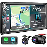 Double Din Car Stereo with Dash Cam - Voice Control Carplay, Android Auto, Steering Wheel Controls, 7' HD Touchscreen, Backup Camera, Bluetooth, Mirror Link, Subw, USB/TF/AUX, AM/FM Car Radio Receiver
