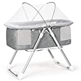 INFANS 2 in 1 Rocking Bassinet for Newborn Baby, One-Second Fold Travel Crib with Detachable & Thicken Mattress, Height Adjustable Legs, Mosquito Net, Cradle with Rock Mode & Stationary (Gray)