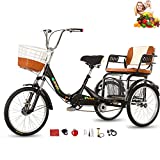 Tricycle Adult Folding Bicycle Comfortable seat triker 3 Wheel Bicycle Children seat Enlarged Vegetable Basket Double Chain 20in Shock Absorber Front Fork for Parents Maximum Load 200kg (Black)
