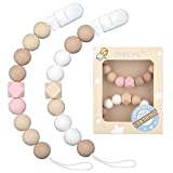 Pacifier Clip Baby Girls Binky Holder Soothie Paci Clip Silicone Bead Teething Relief Teether Toy Baby Birthday Christmas Set of 2 (Pink, Beige)