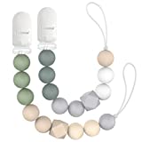 Silicone Pacifier Clip Holder, LcyKohn Flexible Baby Pacifiers Clips Silicon Beads Soothie Teethers Toy for Baby Boys Girls Gifts for Birthday, Shower, Christmas (Dark Green, Bluish Grey)
