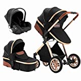 MOUDAO Lightweight Foldable 3-in-1 Baby Pram Stroller Luxury Convertible Bassinet Sleeping Stroller for Newborn Infant Strollers (Black)