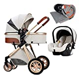 JIAX Luxury Baby Stroller 3 in 1 High Landscape Baby Pushchair Bassinet for Newborn Lightweight Stroller with Cooling Pad Sunshade Rain Cover Footmuff Blanket Backpack Mosquito Net (Color : White)