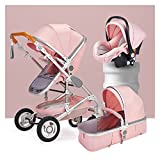 WOYIN 3 in 1 Stroller Carriage with Oversized Canopy/Easy One-Hand Fold,Compact Foldable Luxury Baby Stroller Anti-Shock Springs High View Pram Baby Stroller with Baby Basket (Color : Pink)