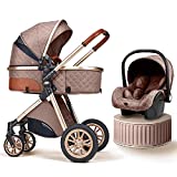 Baby Stroller 3 in 1 Foldable Luxury Newborn Infant Travel System High View Pram Pushchair Free Car Seat, Khaki