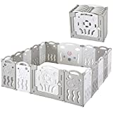 Baby Fence Kid Playpen 18 Panel Albott Play Yard - Foldable Kids Safety Activity Center Playard Safety Lock Gate,Adjustable Shape, Portable Design for Indoor Outdoor Use (Grey+White, 18 Panel)