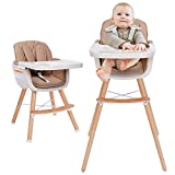 3-in-1 Baby High Chair with Adjustable Legs, Tray -Cream Color Dishwasher Safe, Wooden High Chair Made of Sleek Hardwood & Premium Leatherette, Ideal for Small Apartment, Brown