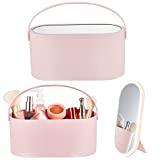 Cosmetics Box Portable Makeup Box with LED Lighted Mirror Travel Makeup Organizer Mirror for Women Multi Purpose Jewelry Organizer, 9.5 x 4.1 x 4.5 Inch, Without Battery (Pink)