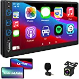 Double Din Car Stereo Compatible with Apple Carplay and Android Auto, 7 Inch HD Touch Screen Car Radio with Voice Control, Bluetooth, Subwoofer, Microphone, Backup Camera, Mirror Link, AM/FM,SWC,AUX