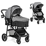 BABY JOY Baby Stroller, 2 in 1 Convertible Carriage Bassinet to Stroller, Pushchair with Foot Cover, Cup Holder, Large Storage Space, Wheels Suspension, 5-Point Harness (Gray)