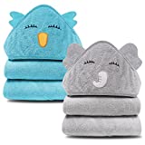 Cute Castle 2 Pack Bamboo Hooded Baby Towel - Soft Bath Towel for Bathtub for Babie, Newborn, Infant - Ultra Absorbent, Natural Baby Stuff Towel for Boy and Girl (Lovely Elephant, Happy Bird)