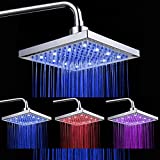 CEIEOE 8inch LED Square Showerhead 3 Color Water Temperature Automatically Change Rainfall Shower Head High Pressure for Bath