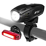 BV Super Bright USB Rechargeable Bike Light Set, Headlight with Free Taillight, Three Light Modes, Water Resistant IP44 - Fits All Bicycles with Two Mounting Options