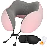 Travel Pillow,Travel Neck Pillows for Sleeping,100% Pure Memory Foam Soft Comfort & Support Pillow for Airplane/Car/Office&Home Rest Use-Pink