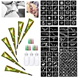 6 Natrual India Body Art Painting Temporary Tattoo Kit, Temporary Tattoo Ink Set, 6-Pages Tattoo Template Pattern Stickers Stencils, 3 Bottles, 12 Nozzles (6 Blcak)