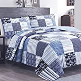 Cozy Line Home Fashions Daniel Denim Navy/Blue/White Plaid Striped Real Patchwork Cotton Quilt Bedding Set, Reversible Coverlet,Bedspread(Denim Patchwork, Queen -3 Piece)