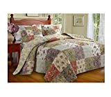3 Piece Oversized King Bedspread Set to The Floor, 120 X 118 Inches, Country Cottage Patchwork Quilt, Floral Squares Pattern, Lavender Coral Rose Ivory White Green Blue,Beautiful Colors!