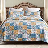 Exclusivo Mezcla King Size Boho Patchwork Pattern Quilt Set, 3 Piece Microfiber Floral Pattern Bedspread/ Coverlet/ Bedding Set with 2 Pillow Shams, Lightweight and Soft, (104'x96',Blue)