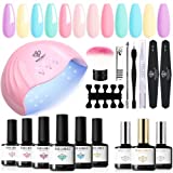 Modelones Pastel Gel Nail Polish Kit with 48W U V Light LED Dryer Lamp, 6 Sping Summer Soak Off Nail Gel Polish Set with Top and Base Coat Manicure Tools for Starters DIY Home Gift for Women
