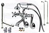 Chrome Tub Mount Clawfoot Bathtub Filler Faucet Kit W/Hand Shower, Drain, Water Supplies And Floor Stops - Fits 3-3/8' Tub Drilling