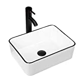 KSWIN Ceramic Rectangular Bathroom Vessel Sink, 16'' x 12'' Above Counter Porcelain Small Sink with Faucet Combo, White Body with Black Trim on The Top