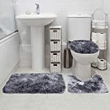 3 Piece Bath Rugs Set, Bath Rug + Contour Mat + Toilet Seat Cover, Super Soft Microfiber Water Absorbent & Non-Slip Bathroom Rugs with PVC Point Rubber Backing, Machine Washable (Grey)