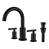 FORIOUS Two Handle High Arc Widespread Bathroom Sink Faucet 3 Hole with Pop-Up Drain and Water Supply Lines, Matte Black