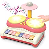 Baby Toys 12-18 Months, Toddler Drum Set with Beats Light, Piano Keyboard Drum Set 3 in 1 Baby Musical Toys, Preschool Learning Infant Toys, Montessori Toys for 1 Year Old(Pink)